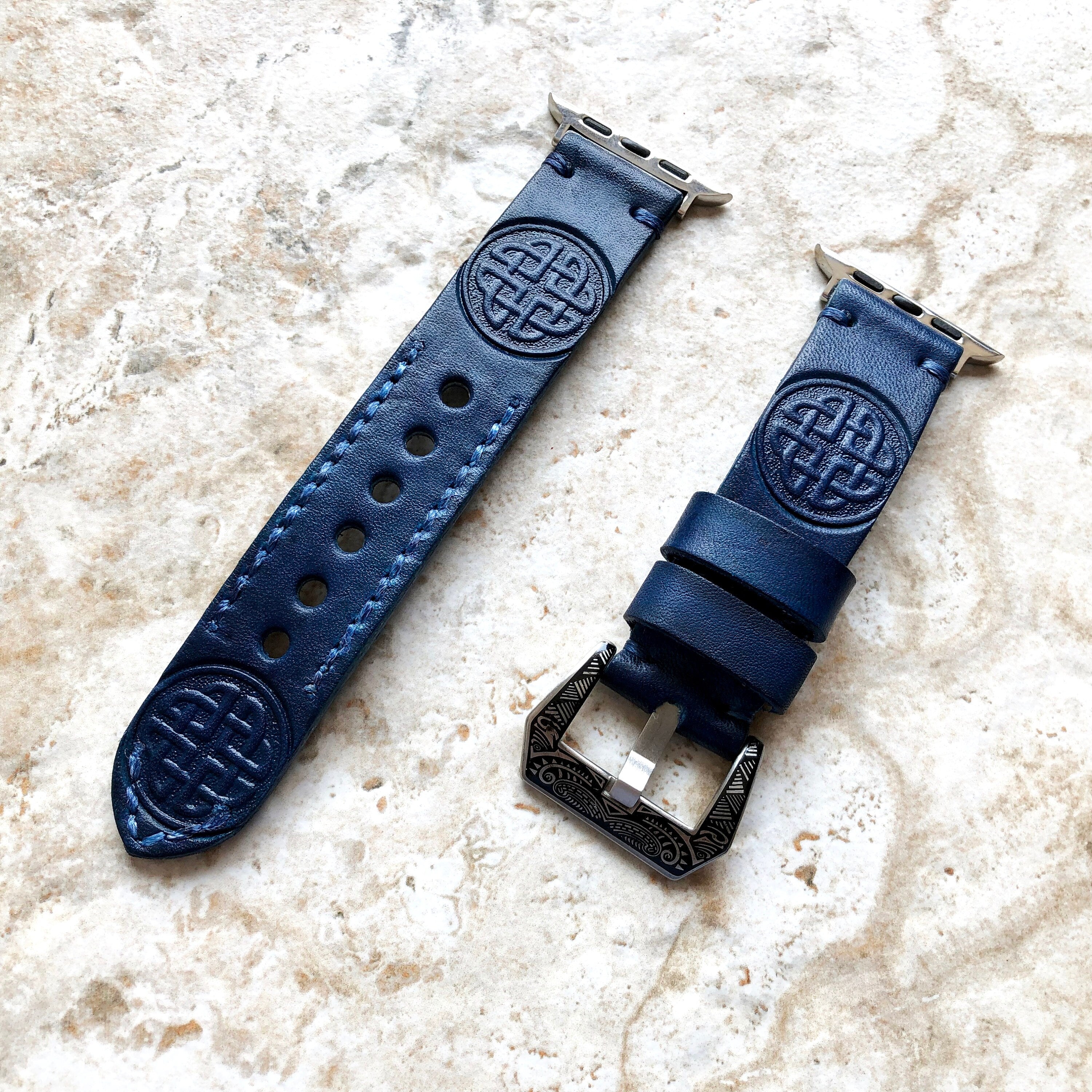 Apple Watch Ultra 2 and 9 8 Series Blue Round Celtic Symbol Leather Band for iWatch 41mm 45mm 49mm Case Embossed Tooled Handmade Strap
